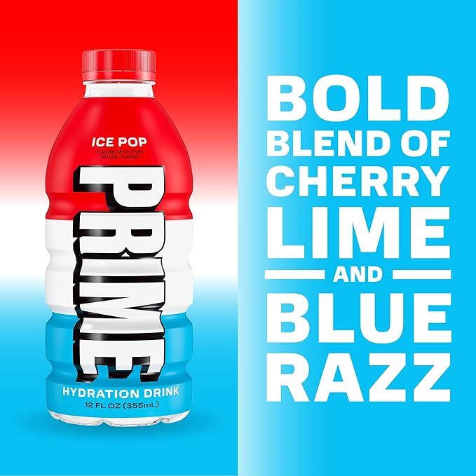 PRIME HYDRATION Berry Freeze Cherry Freeze &amp Ice Pop Sports Drinks 12 Fl Oz 15 Variety Pack &amp PRIME 32 oz Blue Squeeze Sports Water Bottles 12 Pack Bundle