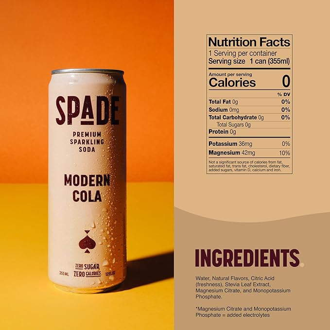 Spade Soda Cola 12 Pack Premium All-Natural No Sugar No Calories Electrolytes Magnesium Potassium Healthy Non GMO Sweet Stevia No Artificial Sweeteners Great Taste Bold Taste