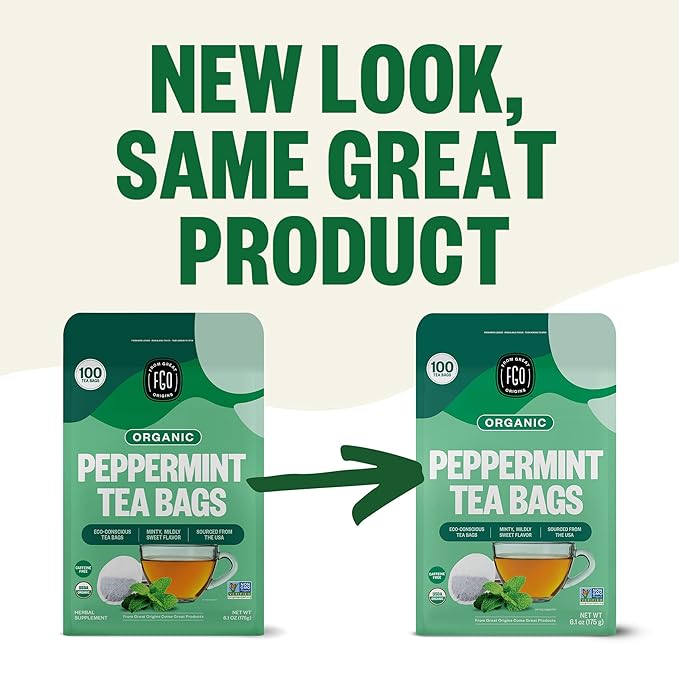 FGO Organic Peppermint Tea 100 Count Eco-Conscious Tea Bags Caffeine Free Packaging May Vary (Pack of 1)