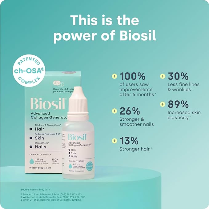 Biosil Collagen Booster Supplement - 0.5 fl oz Drops Pack of 2 - Patented ch-OSA Activator for Skin Hair Nails &amp Joints - Supports Natural Production - 60-Day Supply