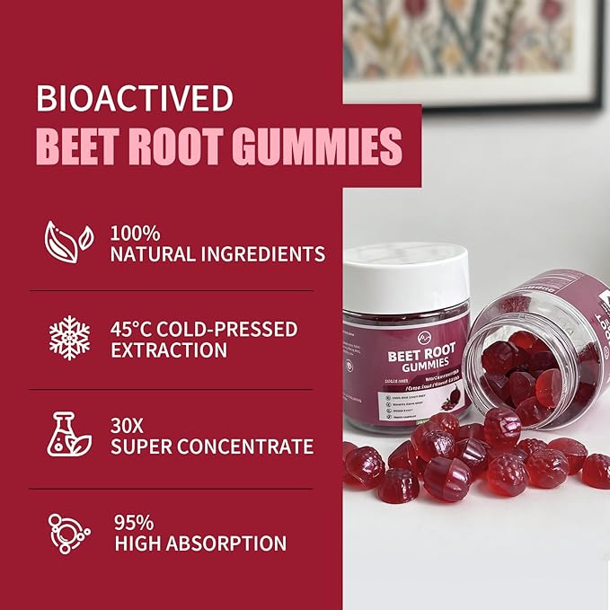 M inch Beet Root Gummies Blood* Pressure Support &amp Nitric Oxide Booster 8-in-1 Wellness Formula with Grape Seed Coq10 Folic Acid Vitamin C B3 &amp B12 Sugar Free Vegan Pomegranate Flavor