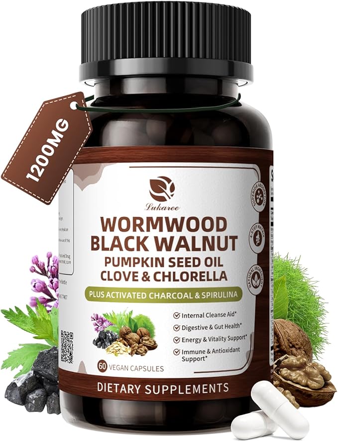 Lukaree Wormwood Black Walnut Cleanse for Human 1200mg – Ultra Gut Cleanse &amp Digestive Health w/Pumpkin Seed OilCloveActivated Charcoal -10X Concentrated Men &amp Women Probiotic Capsules -Veg