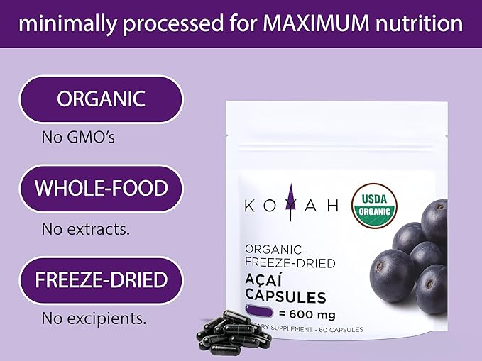 KOYAH - Organic Acai Capsules - Freeze-Dried 600 mg Vegan Gluten-Free Non-GMO. Antioxidant Support. 60 Capsules