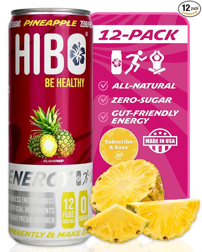 HIBO Healthy Energy Drinks Sugar Free – Gluten-Free &amp Gut-Friendly Prebiotic Fiber w/ 140mg Caffeine &amp 60mg Green Coffee Extract Electrolytes – Supports Immunity &amp Focus - Pack of 12 Pin