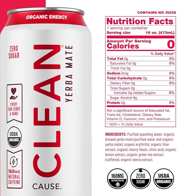 CLEAN Cause Low Calorie Low Sugar &amp Zero Calories Zero Sugar Variety Pack Sparkling Yerba Mate Tea 160mg Caffeine Organic Healthy Alternative to Energy Drinks (16oz cans 2-12-Pack Case)