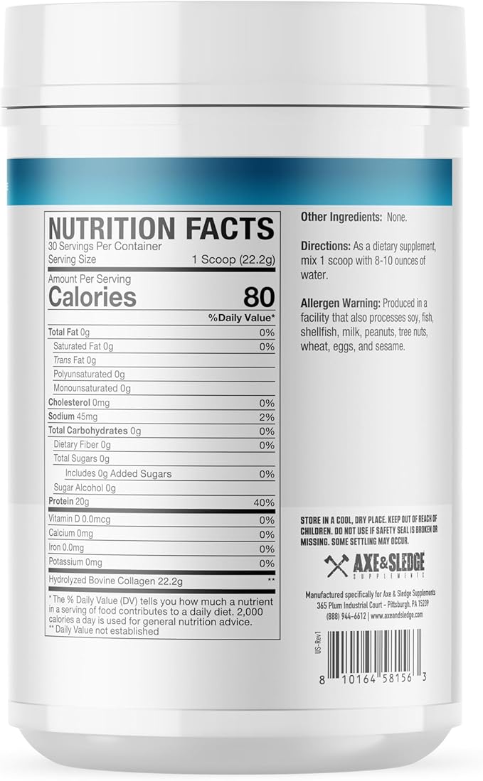 Axe &amp Sledge Pure Hydrolyzed Collagen Powder Gluten Free Keto and Paleo Friendly Grass Fed Unflavored Non GMO 1.46 Lbs