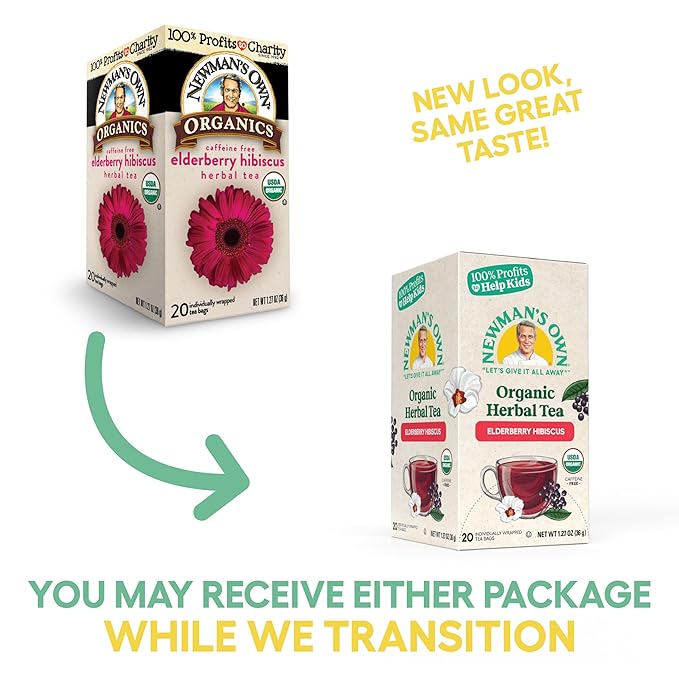 Newman's Own Organic Elderberry Hibiscus Tea Containing Healthy Antioxidants with 20 Individually Wrapped Tea Bags Per Box (Pack of 6) USDA Certified Caffeine Free Brew Hot/Cold