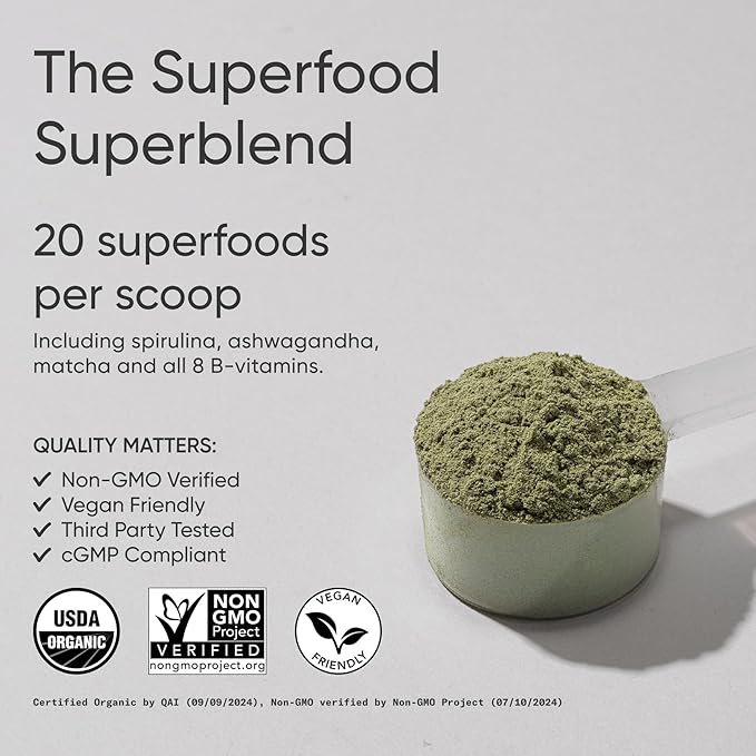 Sports Research® Organic Greens Superfood Powder w/Spirulina &amp Chlorella Adaptogens Enzymes Probiotics &amp 8 VIT Bs &amp Creatine Monohydrate &amp Collagen eptides Unflavored Hydrolyzed T