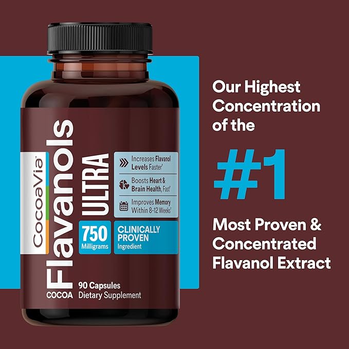 CocoaVia Ultra 750mg Cocoa Flavanols – Heart &amp Brain Support Memory &amp Blood Circulation Booster High Flavanol Cocoa for Nitric Oxide Energy &amp Oxygen Boost Vegan Gluten-Free 30-Day Su