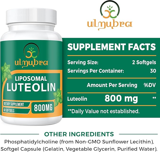 800 MG Liposomal Luteolin Supplement - Maximum Absorption Premium Antioxidant Supplement for Brain &amp Overall Well-Being 60 Softgels - 30-Day Supply