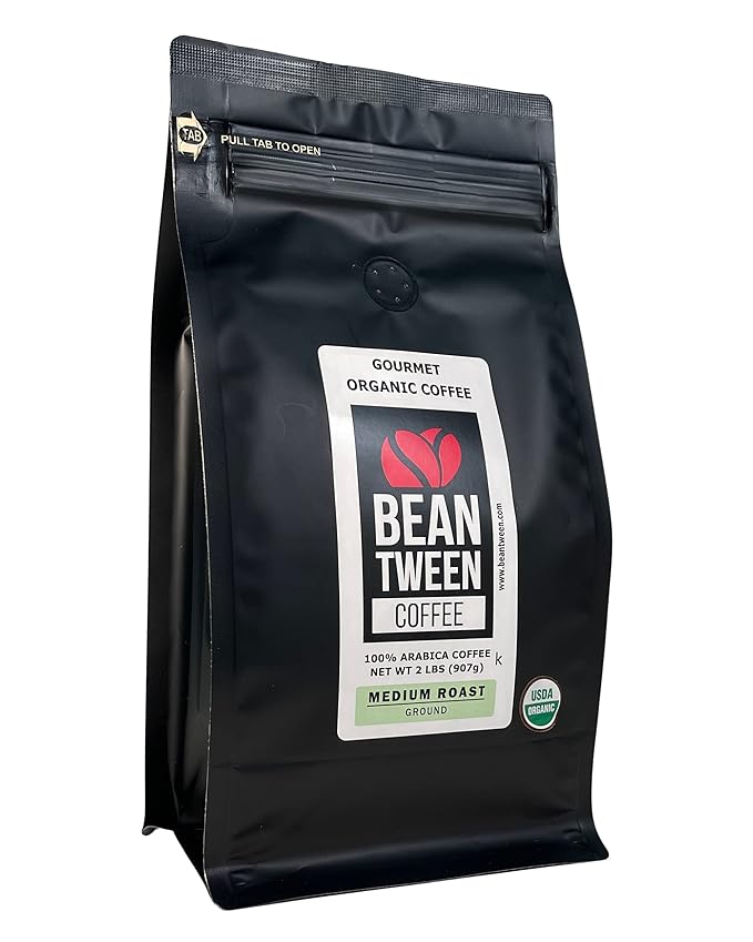 Beantween Coffee: Premium Organic MEDIUM ROAST Ground (2 lb) of 100% Arabica Coffee – Low Acid MOLD-FREE Certified Organic Kosher Single Origin Woman-owned