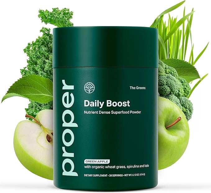Proper The Greens Daily Boost Organic Greens Powder. Whole Food Apple Flavour Veggie Powder Superfood with Wheatgrass Spirulina Chlorella Probiotics. Daily Drink Mix for Wellness and Digestion