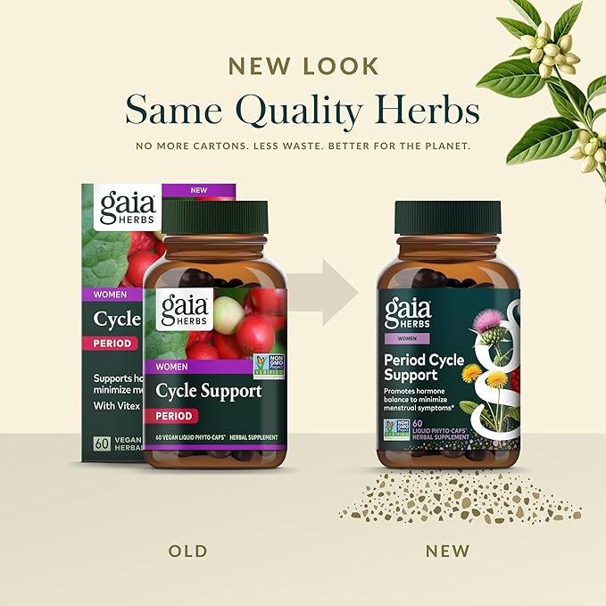 Gaia Herbs Period Cycle Support - Supports Hormone Balance &amp PMS Relief* - Herbal Supplement with Vitex Berry &amp Schisandra - Free from Gluten Dairy &amp Soy - 60 Vegan Capsules (60 Servings)