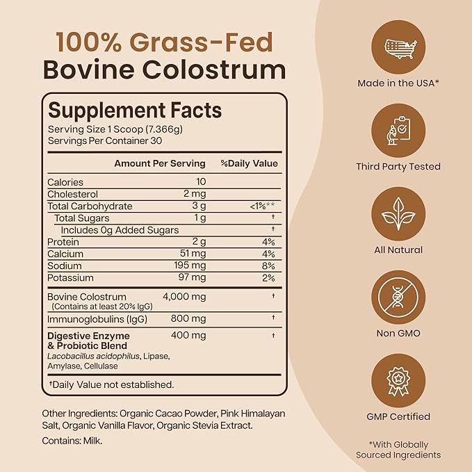 Organic Chocolate 4000mg Grass Fed Bovine Colostrum Powder + Probiotics Colostrum Supplement for Kids &amp Adults with Immunoglobulins (220.98 Grams)