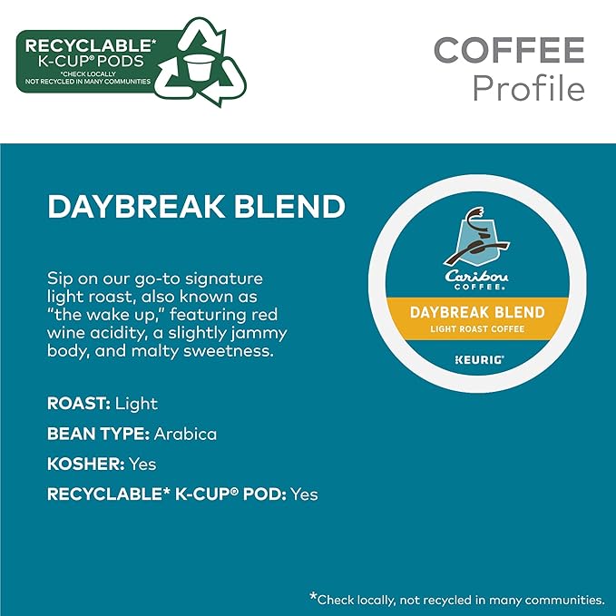 Caribou Coffee Daybreak Blend Keurig Single-Serve K-Cup Pod Light Roast Coffee(Pack of 6 60 Count Total)