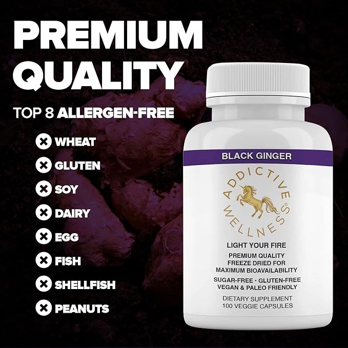 Addictive Wellness Black Ginger Capsules (Kaempferia Parviflora) – Freeze-Dried Full Spectrum Supplement for Energy &amp Stamina Support – Black Ginger Extract – 100 Veggie Capsules
