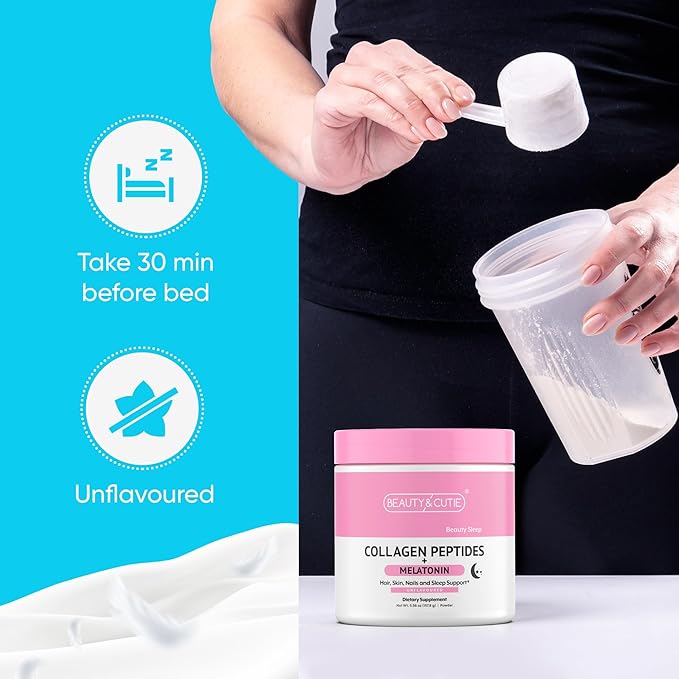 Melatonin 5 mg with Collagen Peptides Powder Grass Fed Hair Skin Nails and Sleep Support Non GMO Gluten Free Unflavored 5.56 oz