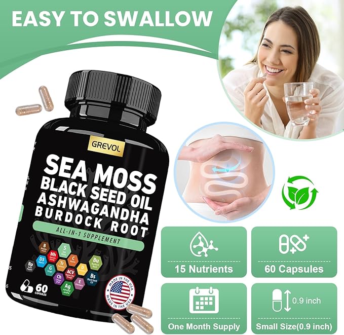 Sea Moss Black Seed Oil Ashwagandha Bladderwrack Burdock Root Turmeric &amp Vitamin C D3 Elderberry ACV Black Pepper - Multimineral Supplement - 60 Count