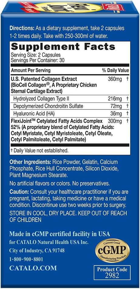 CATALO FlexiJoint Formula – Hydrolyzed Collagen Type II Chondroitin Sulfate Hyaluronic Acid Cetylated Fatty Acids Complex – Designed for Flexibility and Movement – 60 Capsules