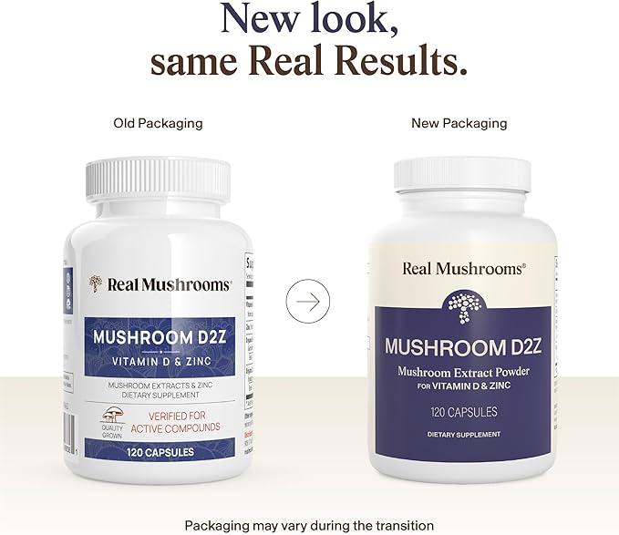 Real Mushrooms Zinc and Vitamin D2 Capsules – with Organic Chaga and Reishi Mushroom Extracts – Vitamins for Overall Wellness Support – Vegan Non-GMO Gluten-Free – 120 Count Mushroom Supplement