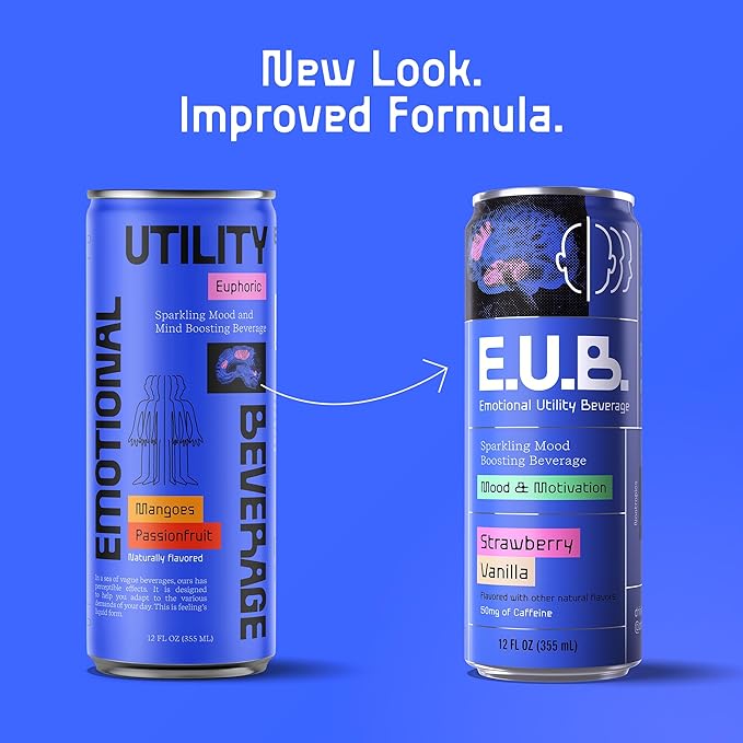 E.U.B. Strawberry Vanilla Sparkling Functional Beverage 12oz Can 50mg Caffeine 25 Calories with Nootropics &amp Adaptogens for Mood &amp Energy Support