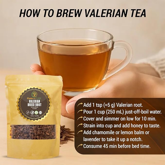 Cure wid Pure Organic Valerian Root Tea - CutSifted &amp Non-Irradiated Valerian Tea Promotes Natural Relaxing Sleep - Te De Valeriana officinalis in Resealable Eco Friendly Pouch 16oz