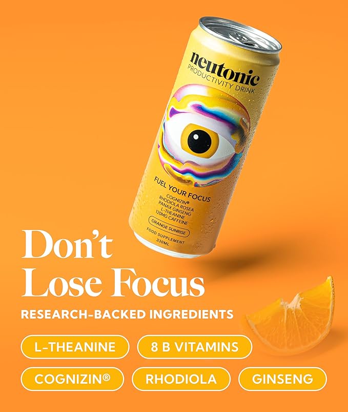 Neutonic Nootropic Productivity Energy Drink | Orange Sunrise 12 Cans | 120mg Natural Caffeine Zero Sugar | Support Memory Mental Clarity Cognitive Function | Boost Focus Energy Brain Health