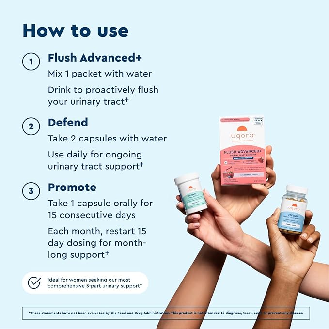 Uqora Flush Advanced+ Regimen with Flush Advanced+ - Cranberry to Reduce Risk of Recurrent UTI** - Defend &amp Promote - D-Mannose Vitamin C Green Tea Extract &amp Probiotics - 3-Part Bundle