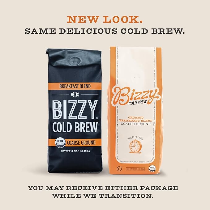 Bizzy Organic Cold Brew Coffee | Bundle | Coarse Ground Coffee | Breakfast Blend 1 LB + Breakfast Blend Brew Bags 4-count | 2 Pack