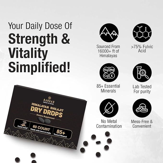 Shilajit Dry Drops | Natural Energy &amp Stamina | 100% Authentic Himalayan Shilajit Resin in Dry Form | Supports Vitality Focus &amp Detox | No Additives or Fillers | 60 Count