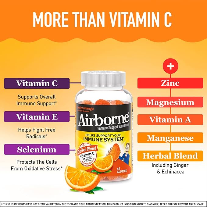 Airborne 750mg Vitamin C Immune Support Supplement Gummies for Adults Zesty Orange Flavor Gluten Free Crafted Blend with Powerful Antioxidants Vitamins C &amp E 42 Gummies (3 Pack)