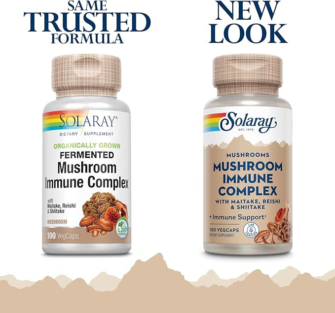 SOLARAY Maitake Reishi &amp Shiitake Mushroom Complex Capsules - Mushroom Supplement for Men &amp Women 600 mg per Serving Immune Health Support - 100 Veg Caps