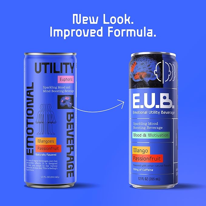 E.U.B. Mango Passionfruit Sparkling Functional Beverage 12oz Can 50mg Caffeine 25 Calories with Nootropics &amp Adaptogens for Mood &amp Energy Support