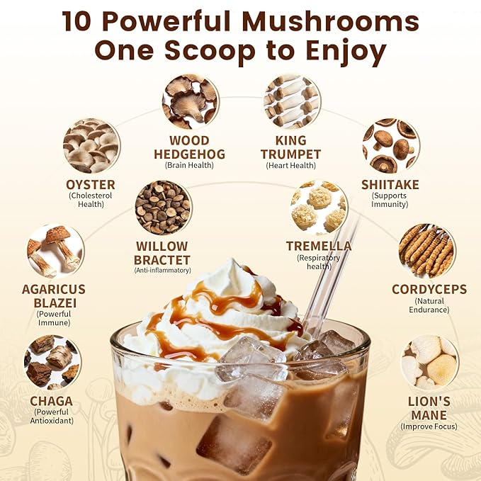 Catfit Instant Mushroom Coffee Powder 10-in-1 Adaptogen Blend with Lion's Mane Chaga &amp Cordyceps for Energy Focus Gut Health &amp Immune Support - 240g 75 Servings