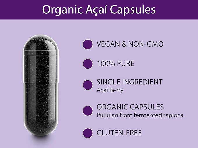 KOYAH - Organic Acai Capsules - Freeze-Dried 600 mg Vegan Gluten-Free Non-GMO. Antioxidant Support. 60 Capsules