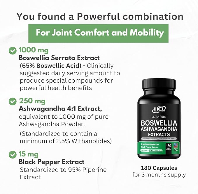 Boswellia Extract and Ashwagandha Capsules 2000 mg - Strong Natural Support Pills 3 Month Supply - Consentrated Boswellia Serrata 65% Boswellic Acid with Ashwagandha Powder Supplement