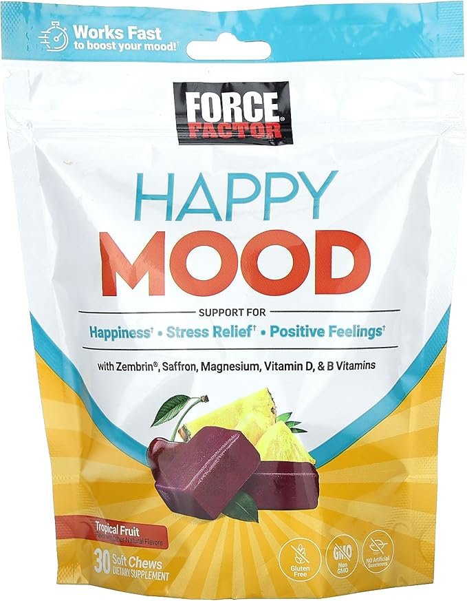 FORCE FACTOR Happy Mood Mood Support and Mood Balance Supplement to Support Happiness Positivity and Stress Made with Magnesium Saffron Zembrin Non-GMO Tropical Fruit Flavor 30 Soft Chews