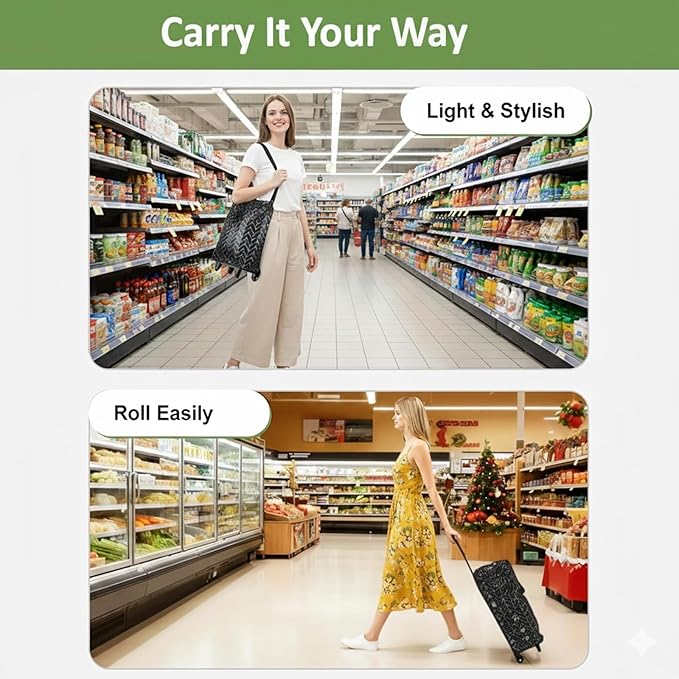 2-in-1 Foldable Shopping Bag with Wheels Foldable Shopping Cart with Telescopic Handle Reusable Eco-Friendly Shopping Bag for Women &amp Seniors(Green leaves)