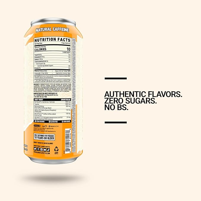 GHOST Energy Drink - 12-Pack Orange Cream 16oz Cans - Energy &amp Focus &amp No Artificial Colors - 200mg of Natural Caffeine L-Carnitine &amp Taurine - Gluten-Free &amp Vegan