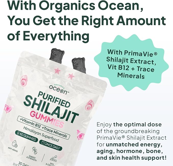 Organics Ocean Shilajit for Men and Women - Shilajit Supplement with Vitamin B12 Chromium and Selenium for Age-Defying Energy Hormone Support - Pumpkin Cocoa Flavor - 60 Gummies