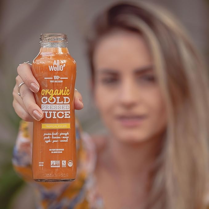 ALLWELLO Organic Cold Pressed Juice Drinks with Real Fruits and Vegetables Gluten Free Non-GMO Healthy Juices No Preservatives No Sugar Added 6 PK Variety Pack (2 Berry Delight 2 Tropical Escape 2
