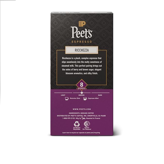 Peet's Coffee Medium Roast Espresso Capsules Compatible with Nespresso Original Machine 100% Arabica Coffee - Ricchezza Intensity 8 50 Count (5 Boxes of 10 Espresso Capsules)