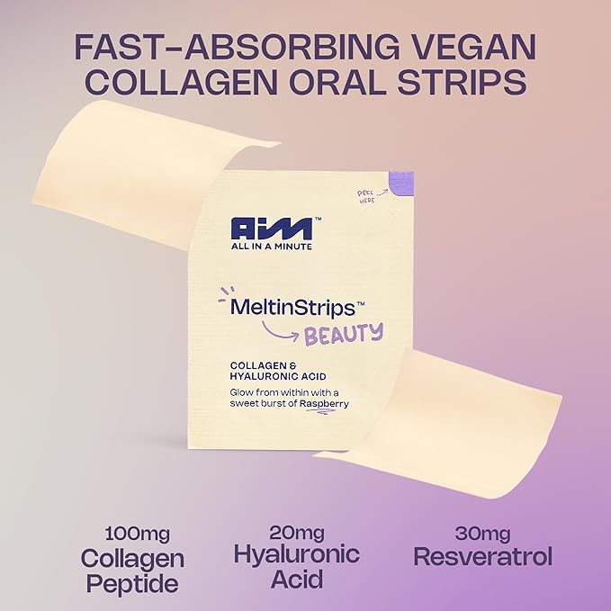 MeltinStrips® Beauty Strips – Vegan Collagen Hyaluronic Acid &amp Resveratrol | Edible Skincare for Plump Hydrated &amp Youthful Glow | Zero Sugar High-Absorption - Raspberry 1 Month Supply