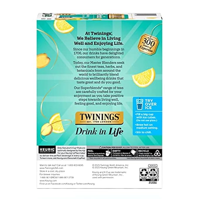 Twinings Probiotics Lemon &amp Ginger Herbal Tea Supports Digestive Health Single Serve K-Cup Pods for Keurig Naturally Caffeine Free 24 Count (Pack of 2)