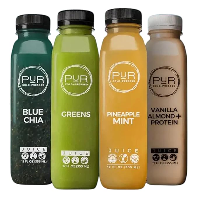 PUR Cold-Pressed Juice – Mini Harmony 7 Day Cleanse – Greens Blue Chia and Pineapple Mint Juices plus Vanilla Almond Nut Mylk with Plant-Based Protein – Non-GMO Pressed at Source – 28 Bottles