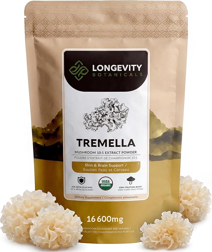 Organic Tremella Mushroom Powder Supplement 10:1 Extract 100g | Snow Fungus Fuciformis 100% Fruiting Body | ≥30% Beta-D-Glucans | 60 Servings of 1660mg | Skin Hydration Complexion &amp Beauty Suppo