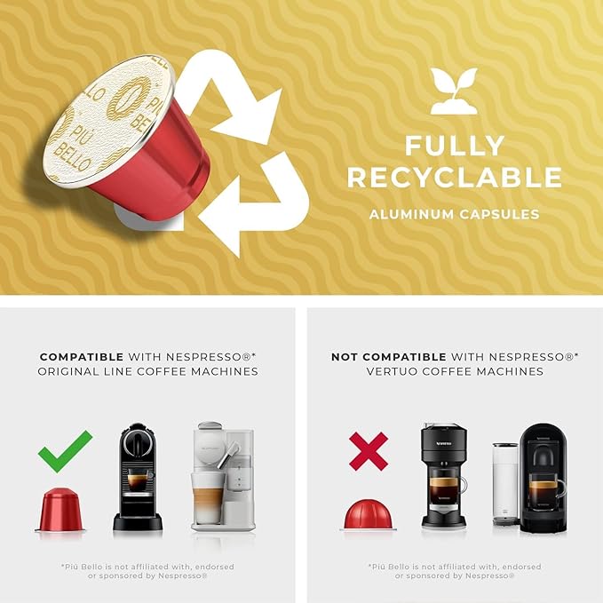 Piu Bello Espresso Coffee Pods – Variety Pack for Nespresso Original Machines – Light Roast Dark Roast Chocolate Nutty Caramel – Kosher Rich &amp Balanced (120 Count 6 Flavors)