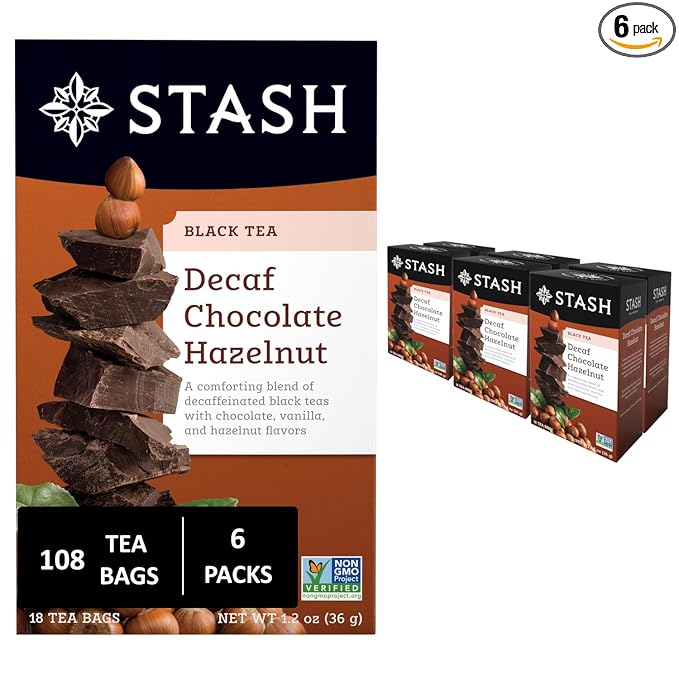 Stash Tea Decaf Chocolate Hazelnut Black Tea - Decaf Non-GMO Project Verified Premium Tea with No Artificial Ingredients 18 Count (Pack of 6) - 108 Bags Total