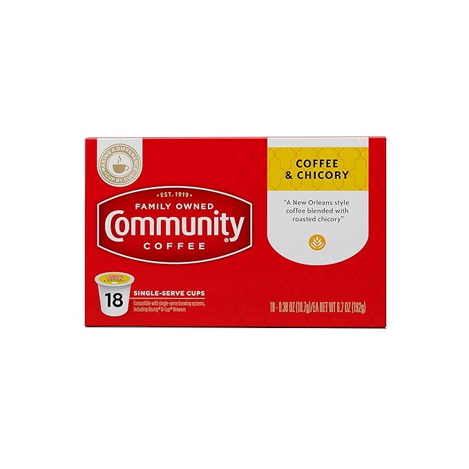Community Coffee &amp Chicory 18 Count Coffee Pods Medium Roast Compatible with Keurig K-Cup Brewers
