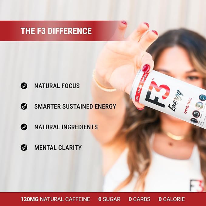 F3 Energy Original Energy Drink - Muscle Building Sports Drinks w/BCAA Panax Ginseng &amp Ginkgo Biloba - Natural Energy Drinks for Mental Focus &amp Muscle Recovery 125 mg Caffeine (12 pack)